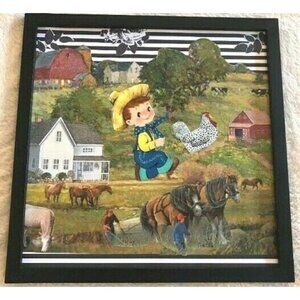 Rustic Country Cute Farmer Boy Handmade Collage Framed Wall Art OOAK Decor